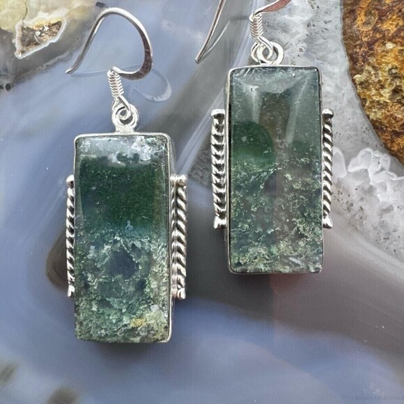 Sterling Southwestern Style Rectangle Moss Agate Dangle Earrings For Women